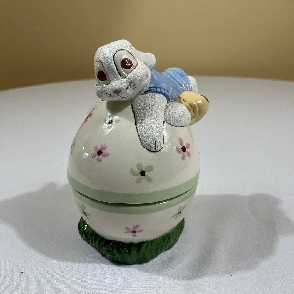 Trinket Box Candy Dish Vintage 1984 Easter Bunny Floral Egg Ceramic Decor